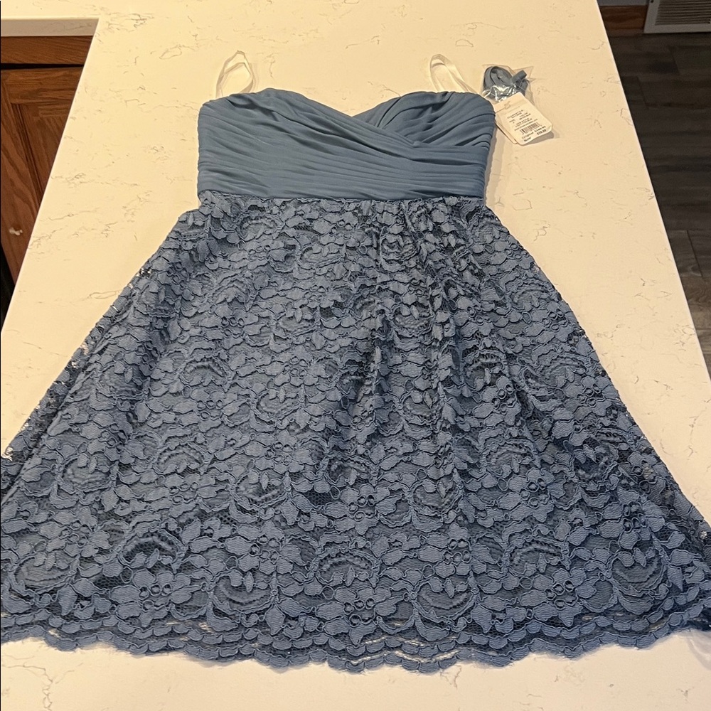 David's Bridal Dusty Blue Lace A-Line Spaghetti Strap Dress Size O